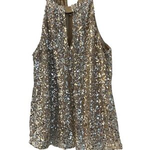 Tahari Nude Mesh w/ Silver Sequins Embellished Halter Top Sz M